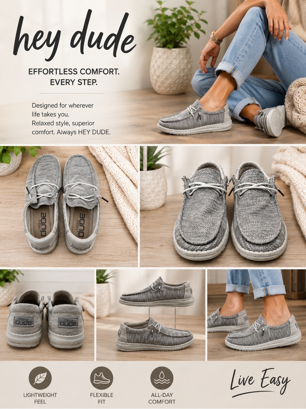 Hey Dude Women’s Wendy Gray Knit Slip-On Loafers Lightweight Casual Shoes Size 8